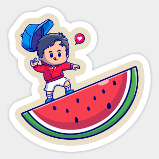 Cute Boy On Watermelon Cartoon Sticker